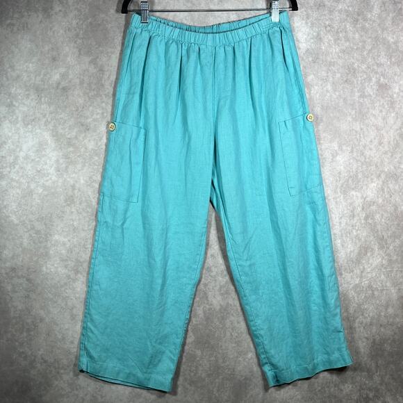 Hot Cotton Pants Womens Medium Blue‎ Linen Cropped Cargo Pockets Travel Vacation - Picture 1 of 10